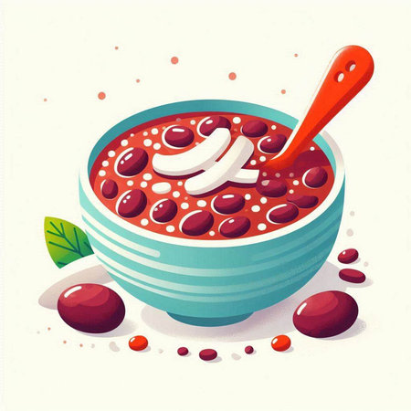 Vector illustration of a bowl of red bean soup with spoon on white backgroundのイラスト素材