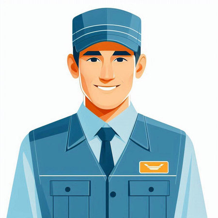 Vector illustration of smiling delivery man in uniform isolated on white background.のイラスト素材