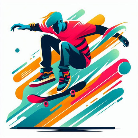 Vector illustration of skateboarder jumping on colorful background with copy spaceのイラスト素材