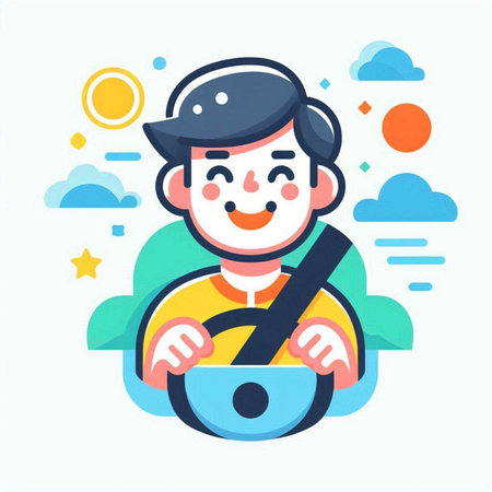 Vector illustration of a man driving a car. Flat style design.のイラスト素材
