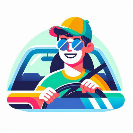 Young man driving a car. Vector illustration in a flat style.のイラスト素材