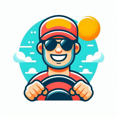 Cheerful driver in cap and sunglasses holding steering wheel. Vector illustrationのイラスト素材