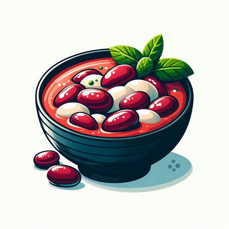 Illustration of a bowl of red bean soup with tomato sauce.のイラスト素材