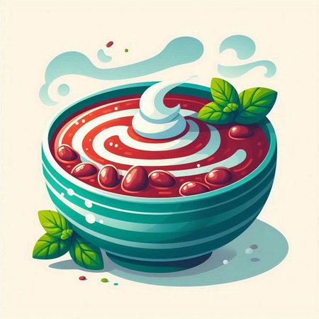 Illustration of a bowl of tomato soup with cherries and creamのイラスト素材