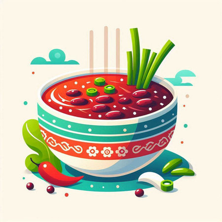 Vector illustration of bowl of chinese soup with chili pepper and green onionのイラスト素材