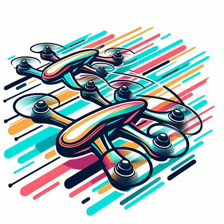 Drone with propeller on colorful stripes background. Vector illustration.のイラスト素材