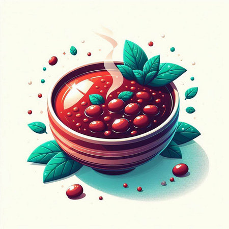 Cherry sauce in a bowl with berries and leaves. Vector illustration.のイラスト素材