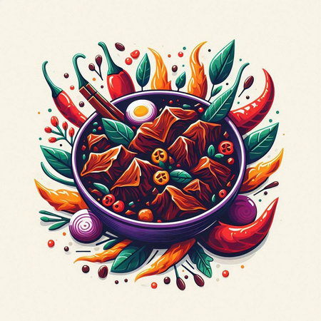 Illustration of beef stew with vegetables and spices in a bowl.のイラスト素材
