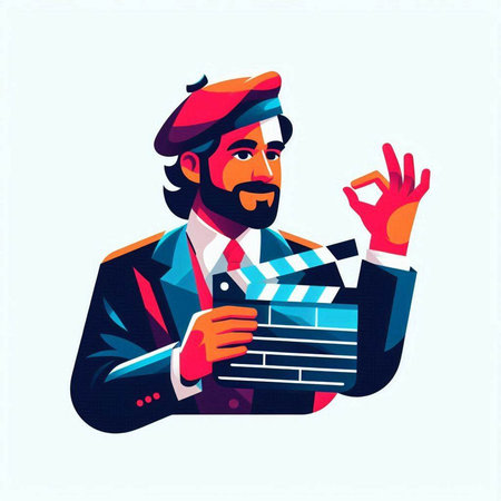 Illustration of a man with a movie clapper board. Vector illustrationのイラスト素材