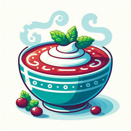 Vector illustration of a bowl of soup with sour cream and cranberriesのイラスト素材
