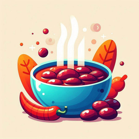 Illustration of red beans in a bowl with hot chili pepper.のイラスト素材