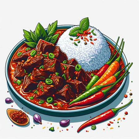 Illustration of a bowl of spicy beef stew with rice and vegetablesのイラスト素材