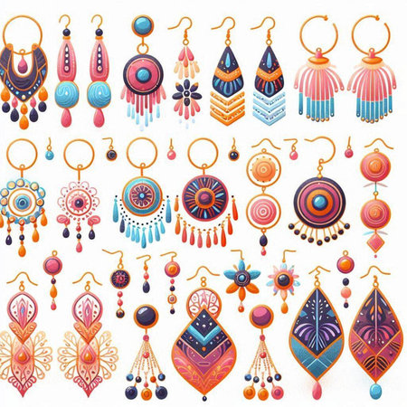Hand drawn set of colorful dreamcatchers and earrings. Vector illustrationのイラスト素材