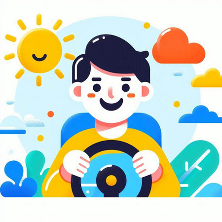 Young man driving a car on the road. Vector illustration in flat style.のイラスト素材