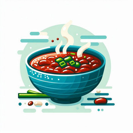 Bowl of hot chinese soup with vegetables. Vector illustration.のイラスト素材