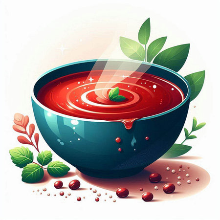 Vector illustration of a bowl of tomato soup with fresh leaves and seedsのイラスト素材