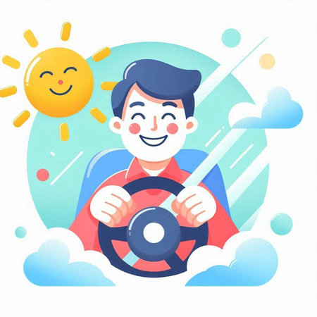 Man driving a car with sun and clouds in the background. Vector illustration.のイラスト素材