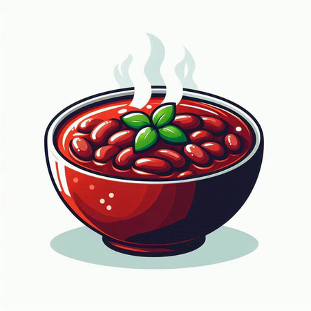 Illustration of a bowl of red beans with green leaves on a white backgroundのイラスト素材