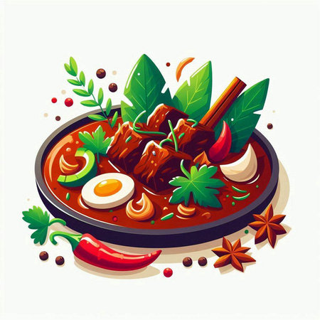 Illustration of a bowl of beef stew with vegetables and eggs.のイラスト素材