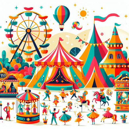 Circus background with people and carnival attractions. Vector illustration.のイラスト素材