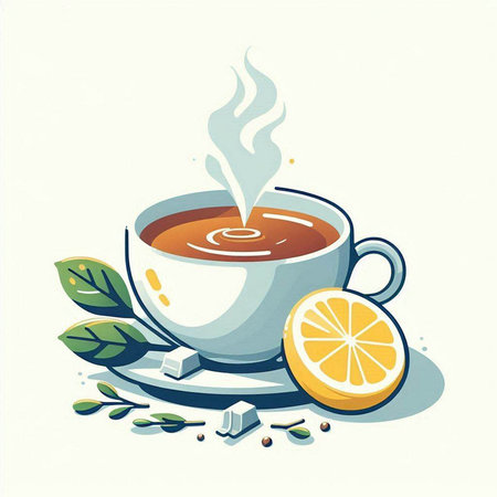 Cup of tea with lemon, mint and sugar. Vector illustration.のイラスト素材