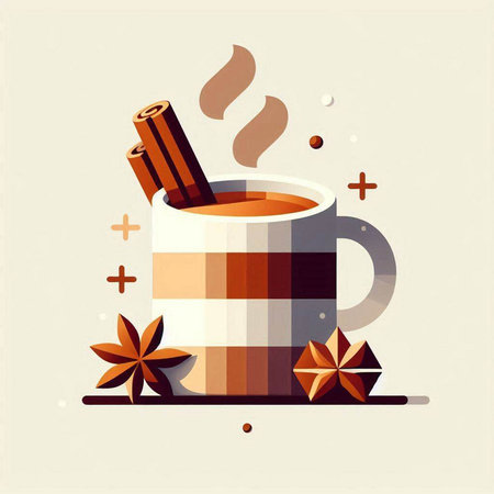 Mug of hot tea with cinnamon and star anise. Vector illustration.のイラスト素材