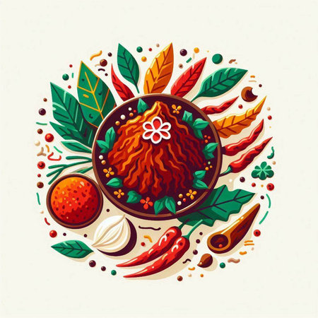 Vector illustration of Thai food in round frame with ingredients for cooking.のイラスト素材