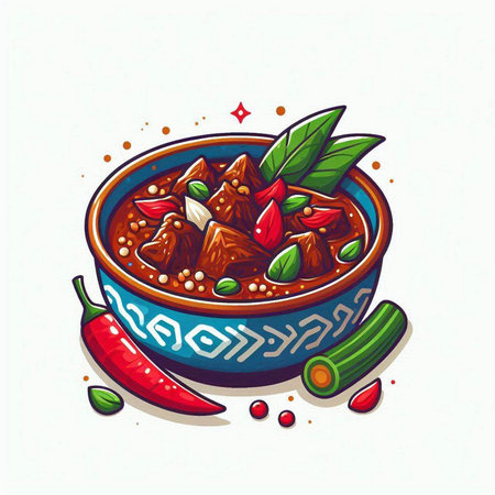 Bowl of beef stew with red pepper and green leaves. Vector illustration.のイラスト素材