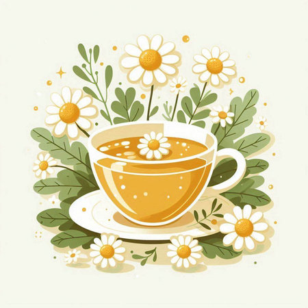Cup of herbal tea with camomile flowers. Vector illustration.のイラスト素材