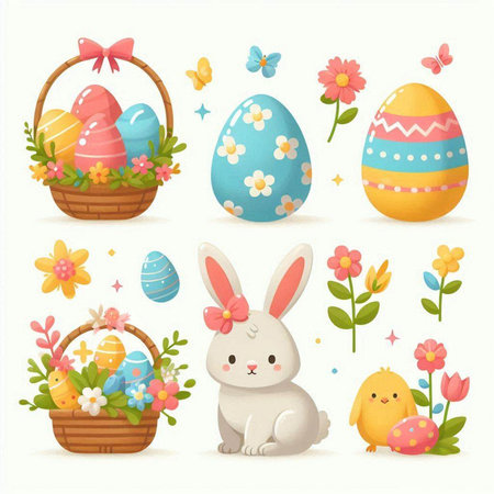Easter set with cute bunny, eggs and flowers. Vector illustration.のイラスト素材