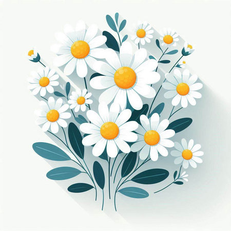 White daisies and leaves on a white background. Vector illustration.のイラスト素材