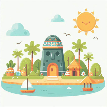 Vector illustration of the island with a sand castle, palm trees and sailing boatのイラスト素材