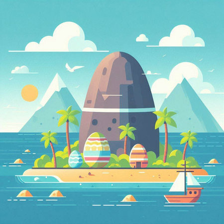 Easter holiday vector illustration in flat style. Sea landscape with island, palm trees, boat and eggs.のイラスト素材