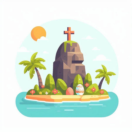 Easter island flat vector illustration. Easter island with a cross, eggs and palm trees.のイラスト素材