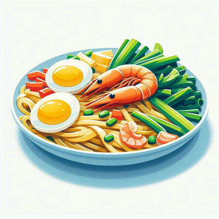 Illustration of noodle with shrimp and eggs on a plate.のイラスト素材