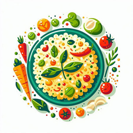 Risotto in a plate with vegetables and greens. Vector illustration.のイラスト素材
