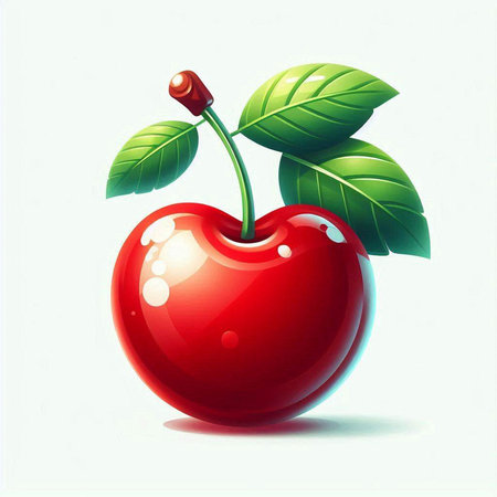Illustration of a red cherry with leaves on a white background.のイラスト素材