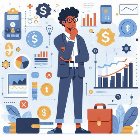 Businessman thinking about money and investment. Flat style vector illustration.のイラスト素材