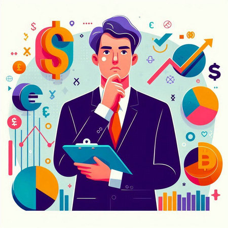 Businessman thinking about financial data. Vector illustration in flat style.のイラスト素材