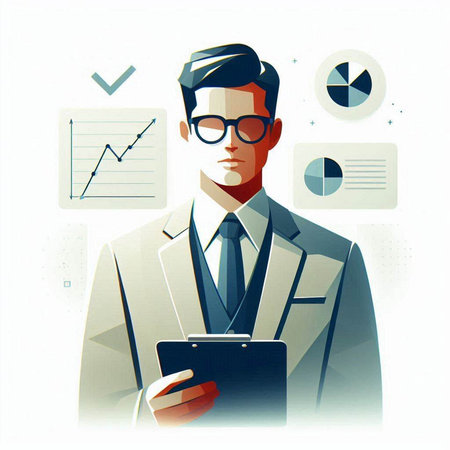 Vector illustration of a businessman with a tablet in his hands. Business concept.のイラスト素材