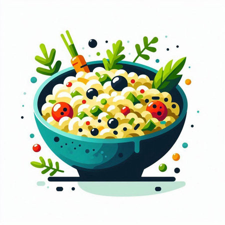 Vector illustration of a bowl of porridge with vegetables and herbs.のイラスト素材
