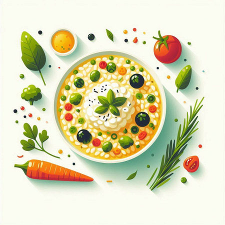 Rice soup with vegetables and herbs. Healthy breakfast. Vector illustration.のイラスト素材