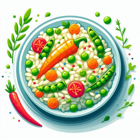 Vegetable soup with carrot, peas, peas, pepper and parsley. Vector illustration.のイラスト素材