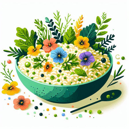 Vector illustration of a bowl of risotto with edible flowers and leavesのイラスト素材