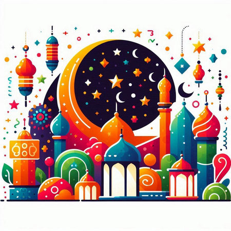 Vector illustration of Ramadan Kareem greeting card with mosque, moon and lanternsのイラスト素材