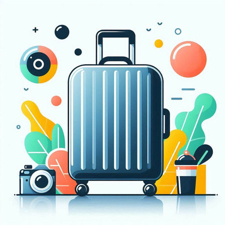 Vector illustration of a travel suitcase on a background of colored elements.のイラスト素材