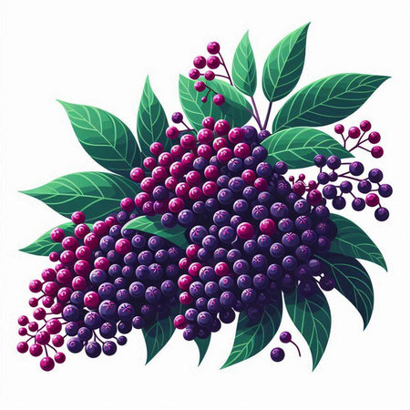 Bunch of elderberry with leaves and berries. Vector illustration.のイラスト素材