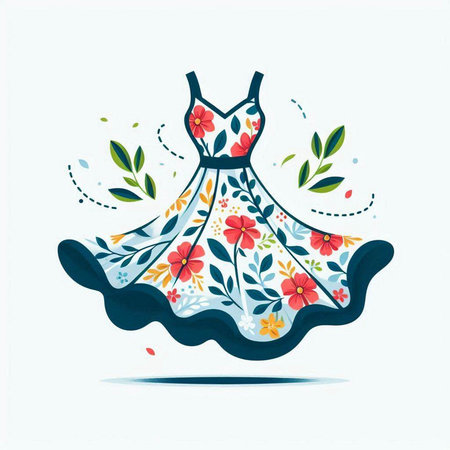 Wedding dress decorated with flowers and leaves. Vector illustration.のイラスト素材