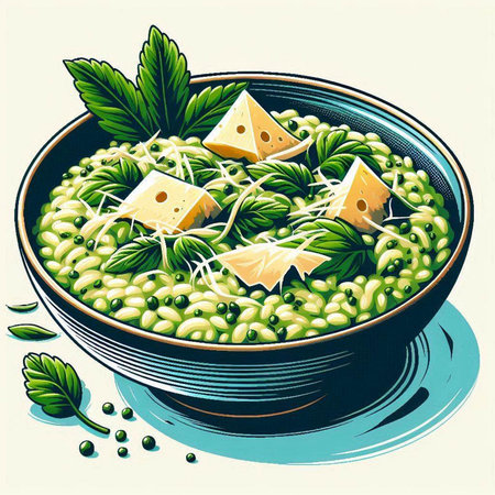 Illustration of a bowl of green peas with cheese and greens.のイラスト素材