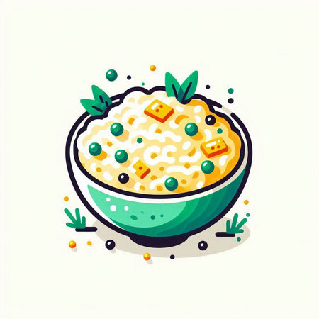 Oatmeal porridge in bowl with green peas. Vector illustration.のイラスト素材